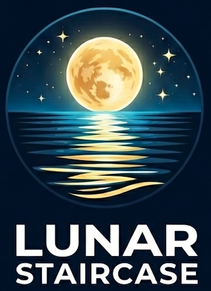 Lunar Staircase logo - moon over ocean with stair-like reflections